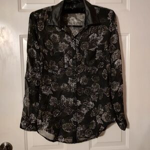 🖤🕷️🖤 Stellar Gothic Black & Grey Roses Sheer Blouse & Leatherette Collar - MJ